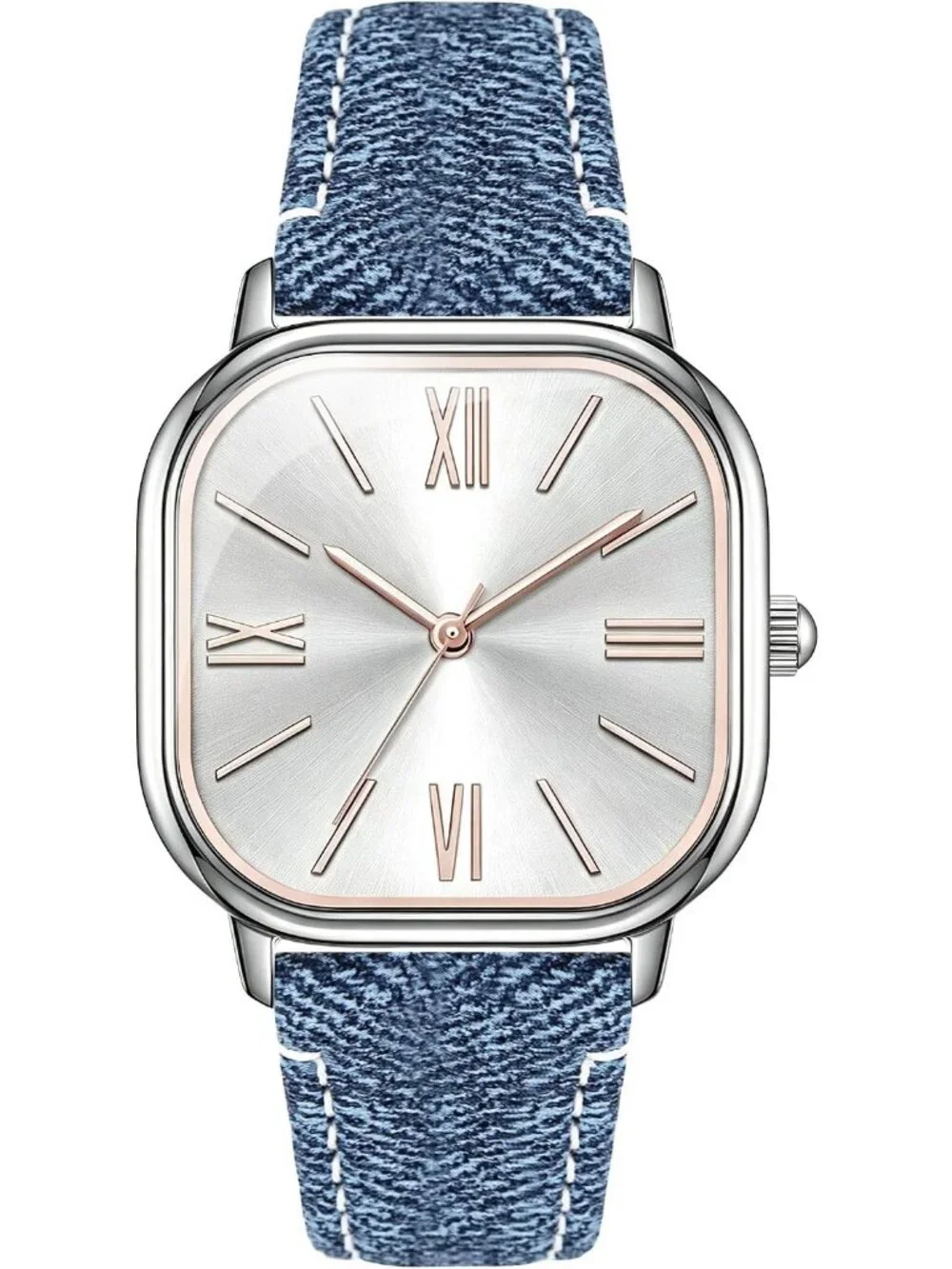 Women's Blue Square Case Leather Strap Easy to Read Casual Stylish Wrist Watch